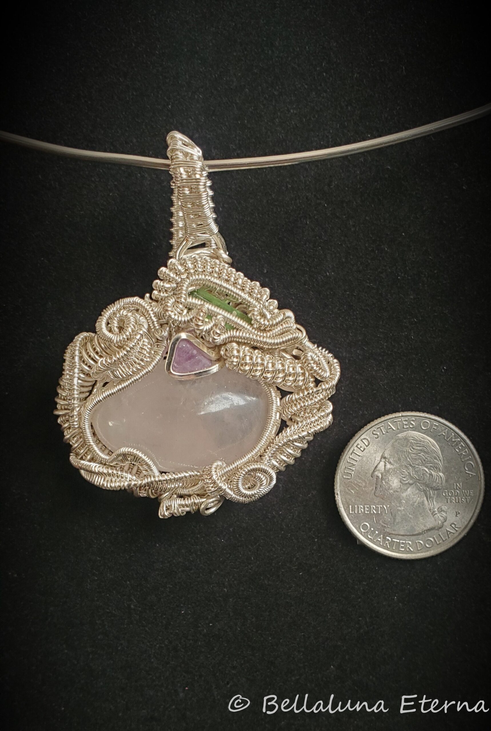 Rose Quartz, Green Tourmaline and Amethyst Necklace Pendant